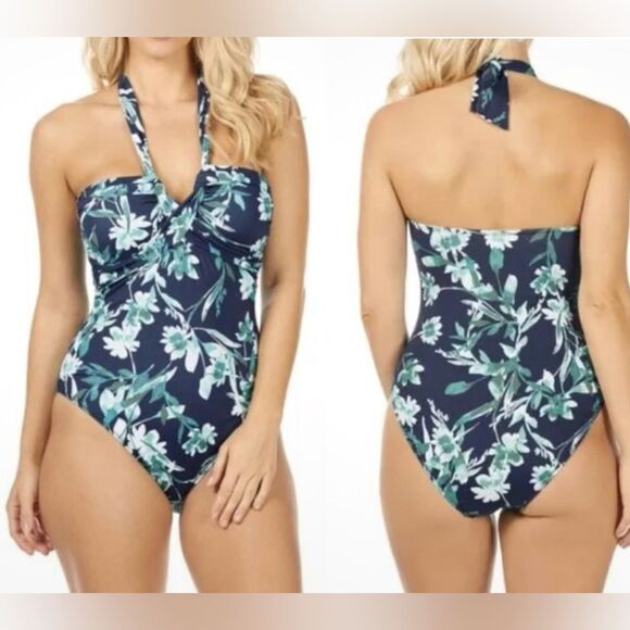 NEW Leilani Lux Bandini Navy Floral Halter One-Piece Swimsuit Size 10 C721184 - Picture 1 of 7